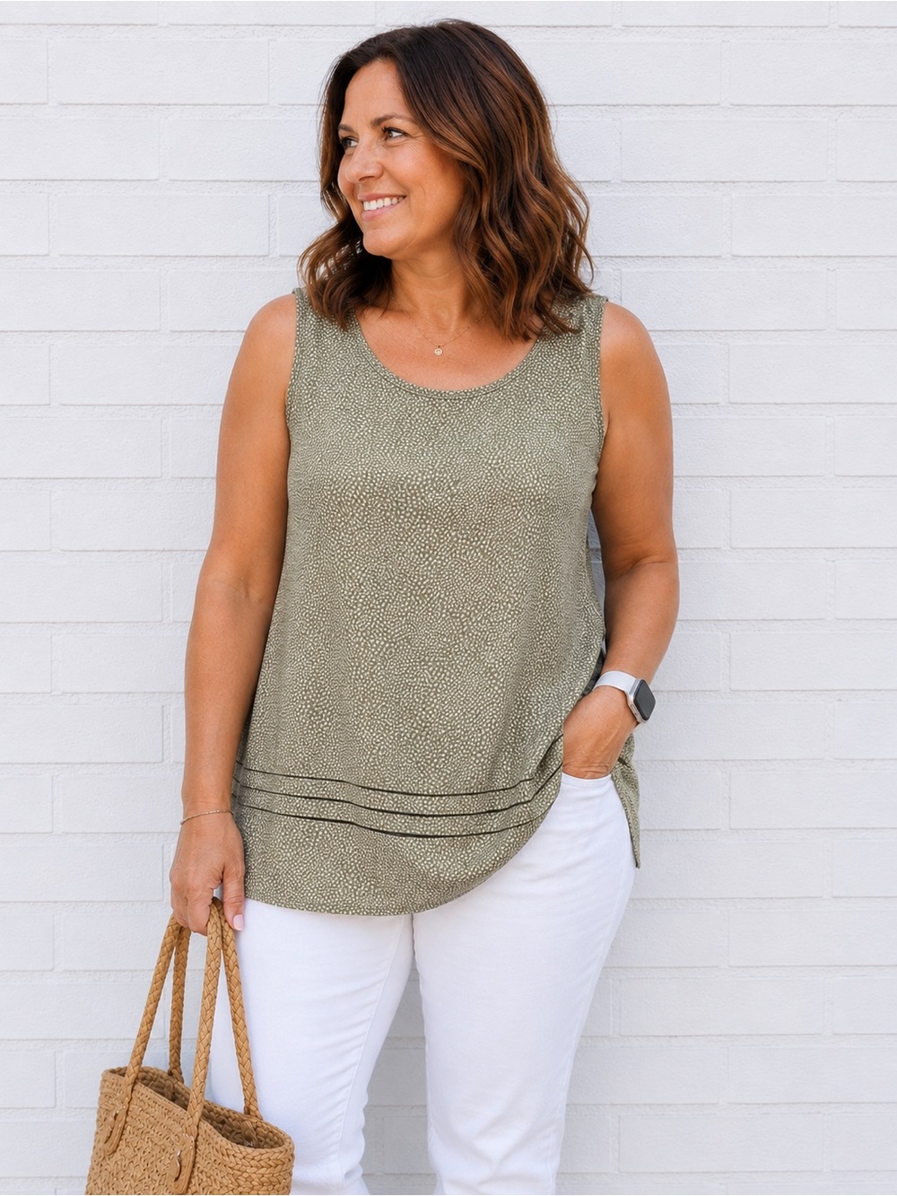 GAP Sleeveless Printed Blouse Size Large Olive Green Career Casual